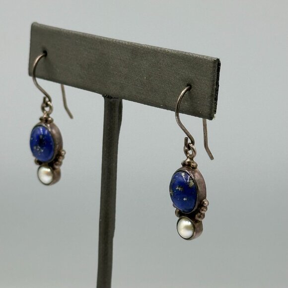 Lapis Lazuli Earrings Sterling Silver Faux Pearl Accent Pierced Dainty 1.25 Inch - Picture 4 of 9